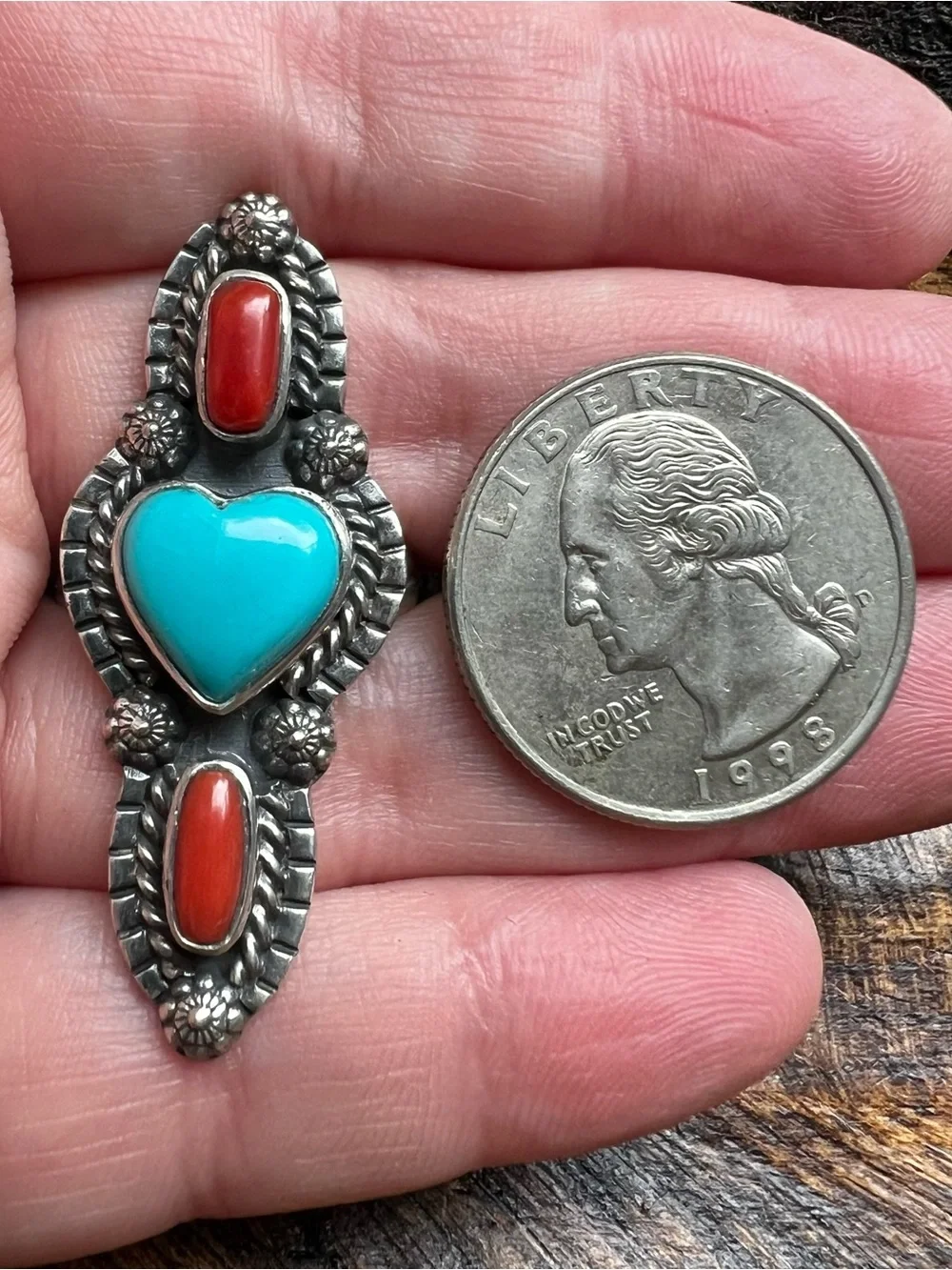 Sterling Kingman Turquoise Heart Italian Red Coral Ring Size 8